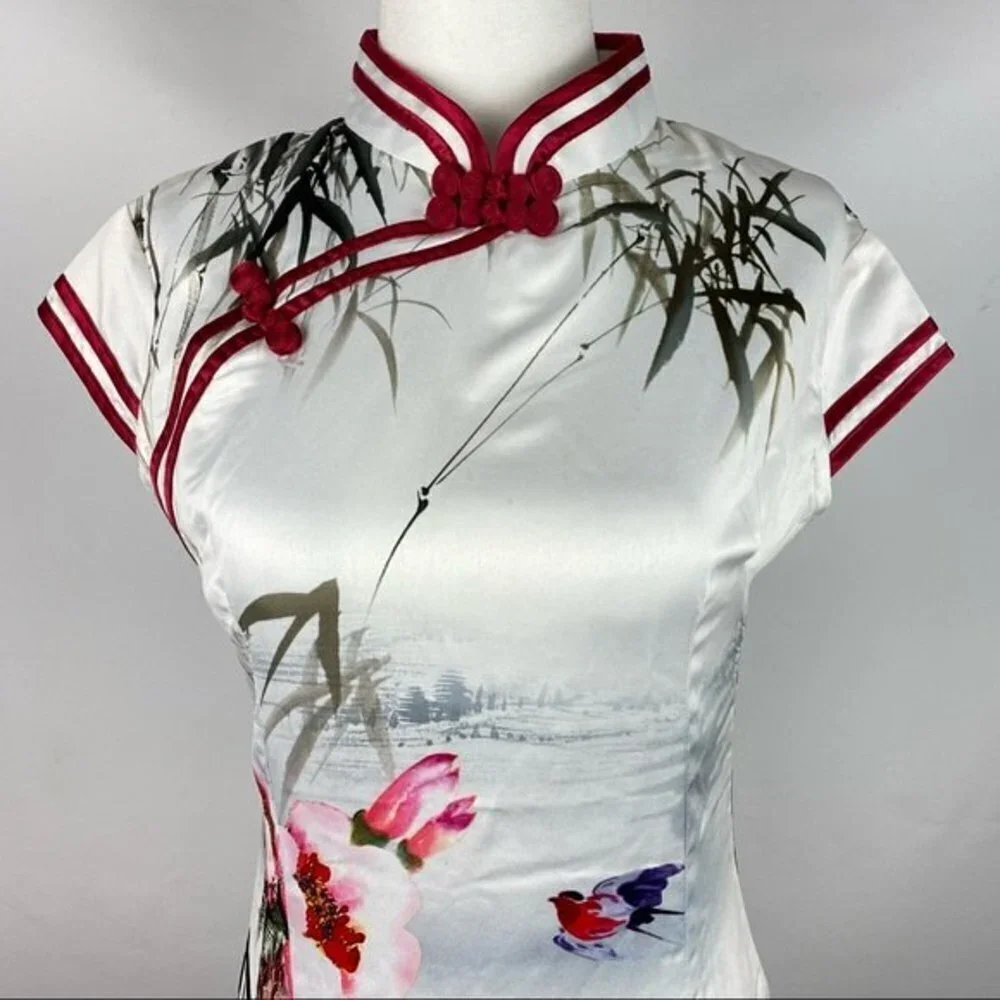 Sigi Chinese Traditional Floral Dress Womens Small White Red Slim Fit Midi Dress - Picture 3 of 6